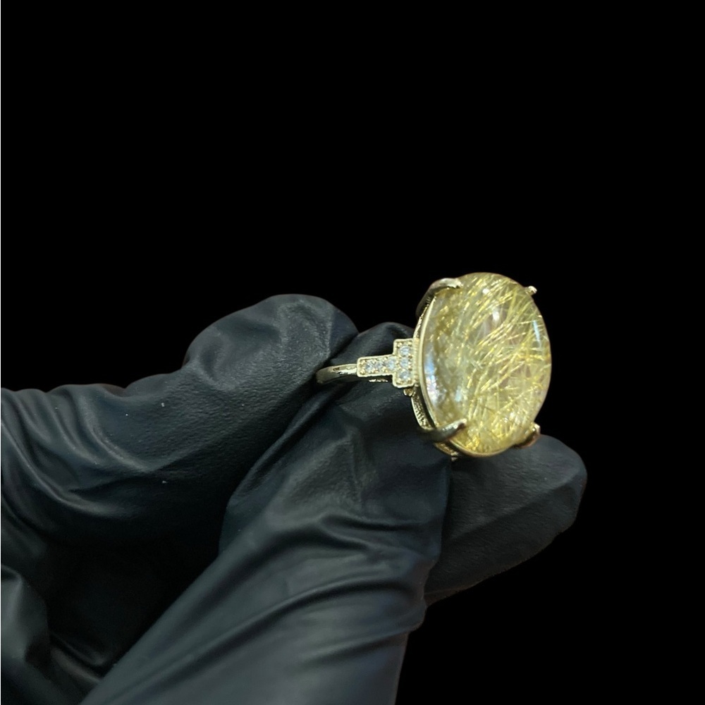 Genuine Rutilated Quartz Statement Gold-Tone Adjustable Eye-Catching Ring - Picture 2 of 11